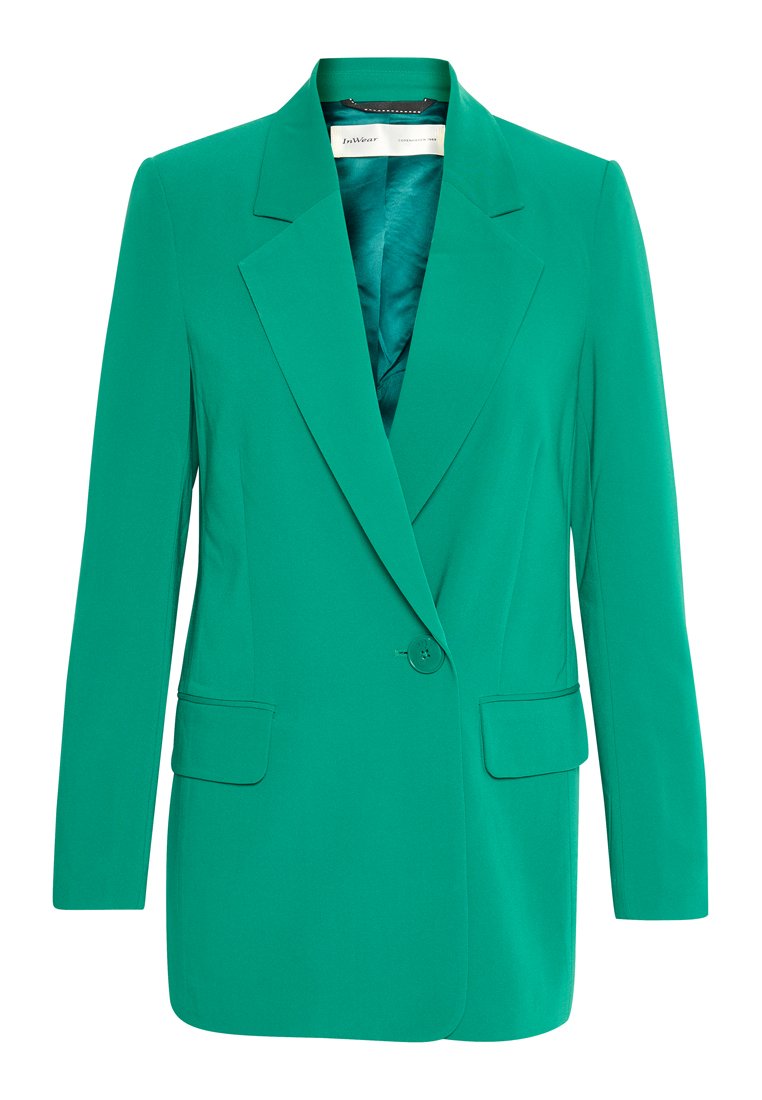 Ein einfacher grüner Blazer mit Reverskragen und Klappentaschen, langen Ärmeln und glattem Innenfutter.
