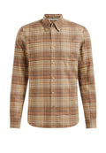 Braun karierte Button-Up-Hemd aus weichem Stoff, mit spitzem Kragen, Brusttasche und braunen Knöpfen mit einem Karomuster.