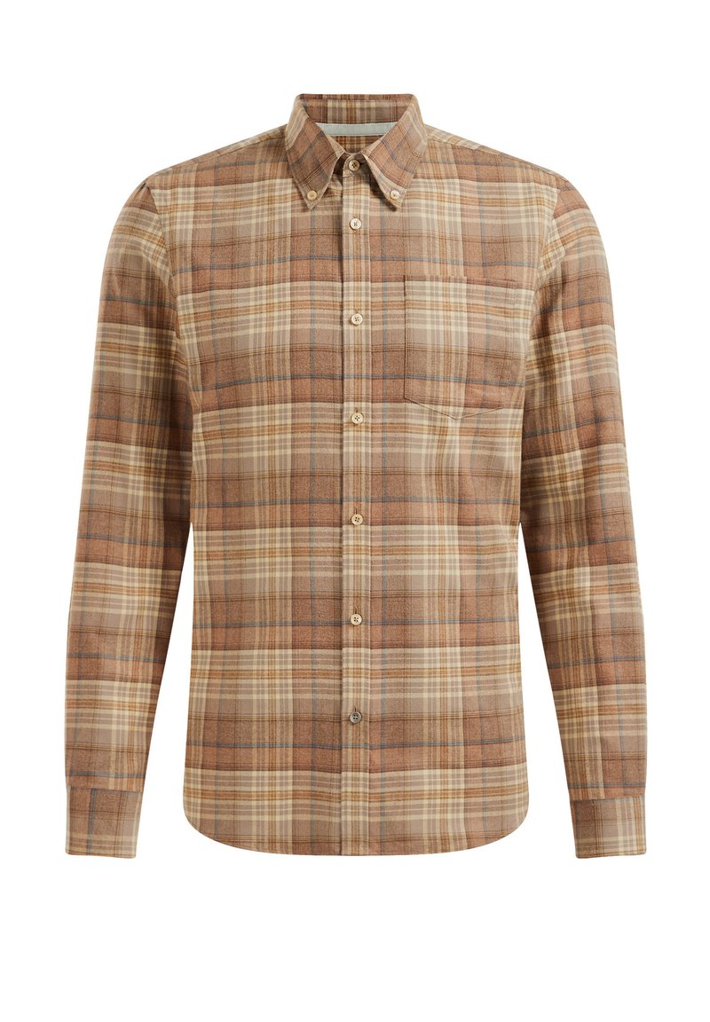 Braun karierte Button-Up-Hemd aus weichem Stoff, mit spitzem Kragen, Brusttasche und braunen Knöpfen mit einem Karomuster.