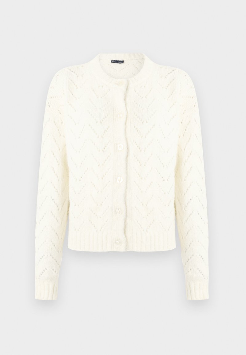 Weißer Strickcardigan mit einem strukturierten Zickzackmuster, rundem Ausschnitt und fünf Knöpfen. Er hat gerippte Bündchen und einen gerippten Saum.