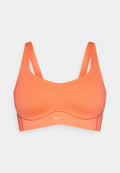 Nike Sport-BH in leuchtendem Orange, aus glattem, dehnbarem Material. Mit breiten Trägern, rundem Ausschnitt und dezentem Logo-Details.