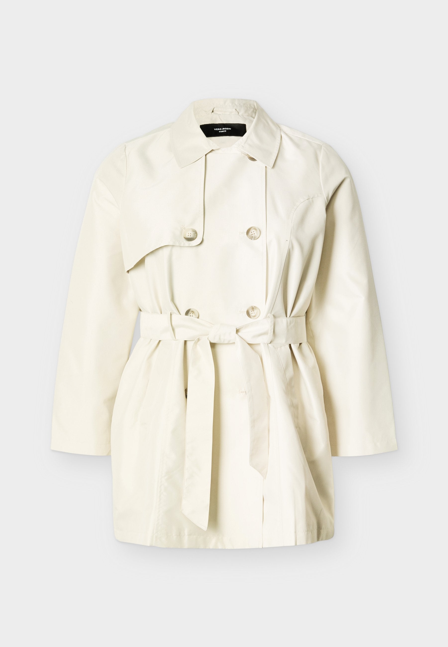 Off-White zweireihiger Trenchcoat mit weitem Kragen, Knopfdetails und einem gebundenen Taillengürtel, präsentiert vor einfachem Hintergrund.