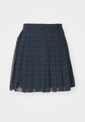 Marineblauer Rock mit kleinem weißen Sternmuster, plissiertem Design, hohem Taillenbund und leichtem Stoff für Bewegungsfreiheit.