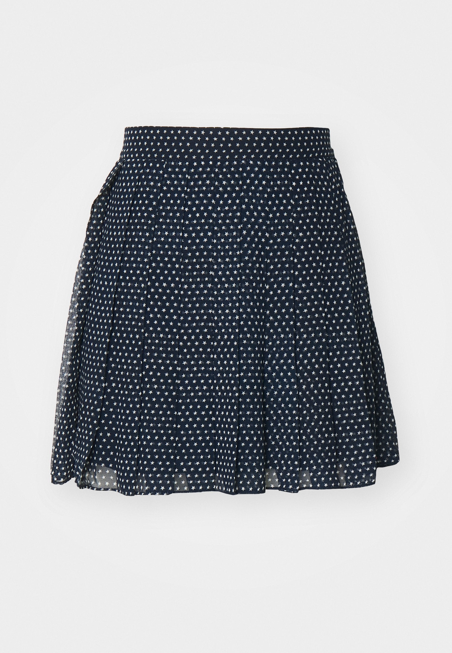 Marineblauer Rock mit kleinem weißen Sternmuster, plissiertem Design, hohem Taillenbund und leichtem Stoff für Bewegungsfreiheit.