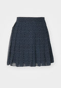 Marineblauer Rock mit kleinem weißen Sternmuster, plissiertem Design, hohem Taillenbund und leichtem Stoff für Bewegungsfreiheit.