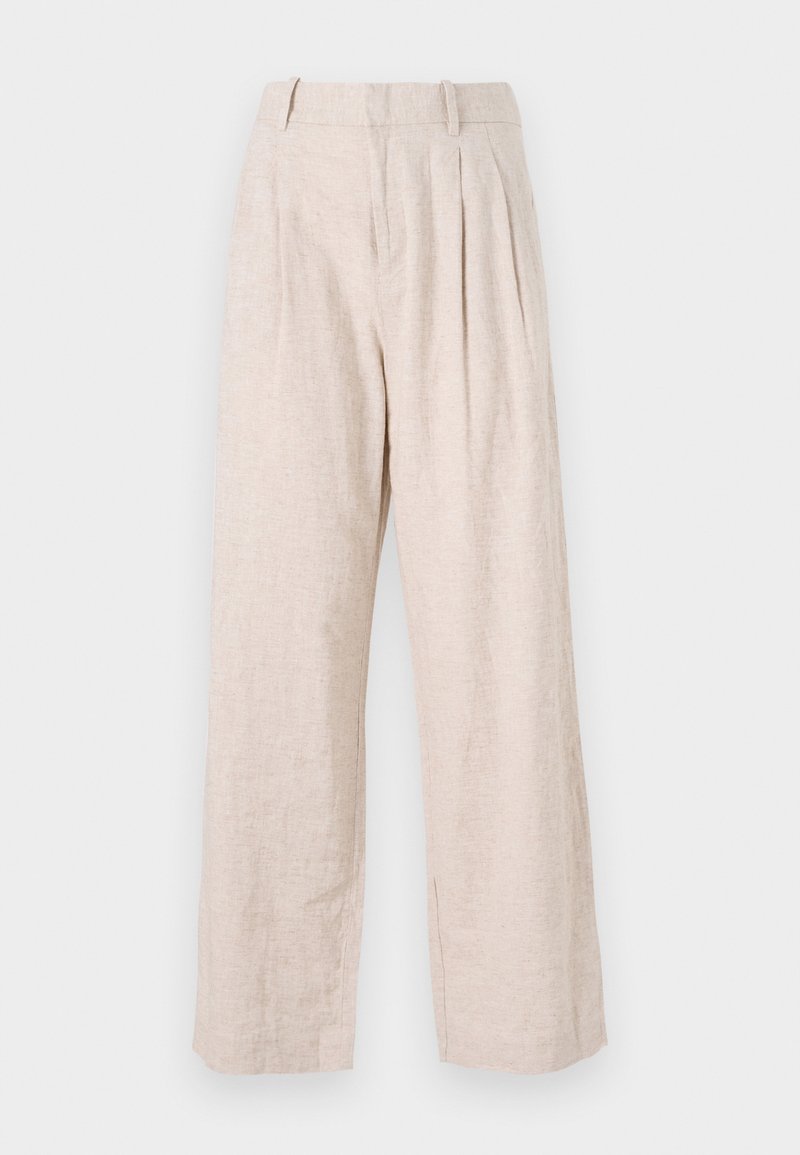 Helle beige Leinenhosen mit lockerem Schnitt, ausgestattet mit eingesetzten Falten und geradem Bein. Minimalistischer Stil und texturiertem Stoff.