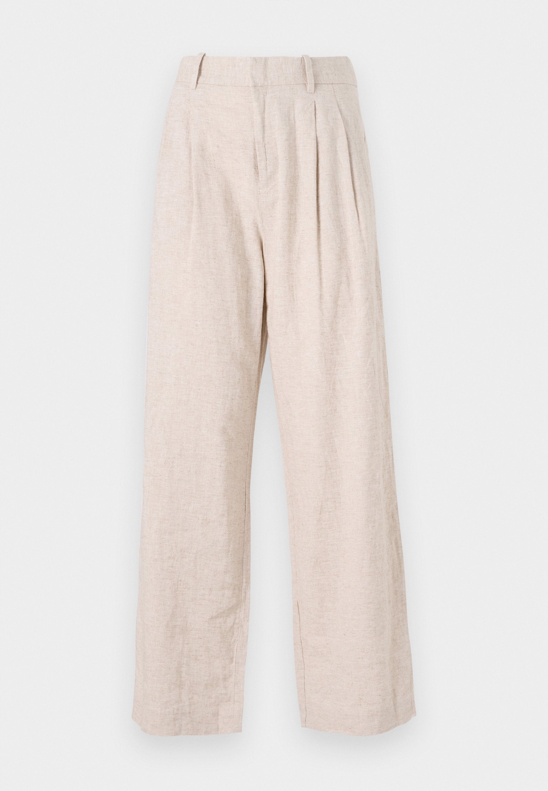 Helle beige Leinenhosen mit lockerem Schnitt, ausgestattet mit eingesetzten Falten und geradem Bein. Minimalistischer Stil und texturiertem Stoff.