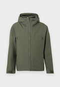 Olivgrüne Jacke mit Reißverschluss, verstellbarem Kapuze und zwei vorderen Reißverschlusstaschen. Minimalistisches Design mit strukturierter Stoff.