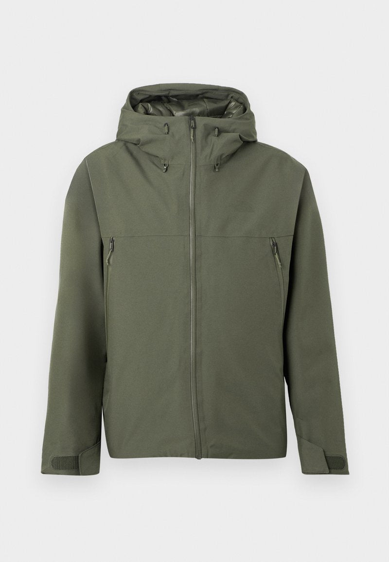 Olivgrüne Jacke mit Reißverschluss, verstellbarem Kapuze und zwei vorderen Reißverschlusstaschen. Minimalistisches Design mit strukturierter Stoff.