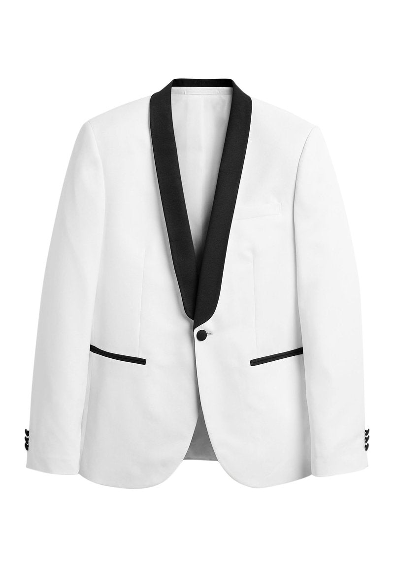 Weißes Smokingjackett mit schwarzem Satin-Schalkragen, schwarzem Taschenbesatz und schwarzen Knopfdetails an den Manschetten. Glatte Stoffoberfläche, maßgeschneiderter Schnitt.