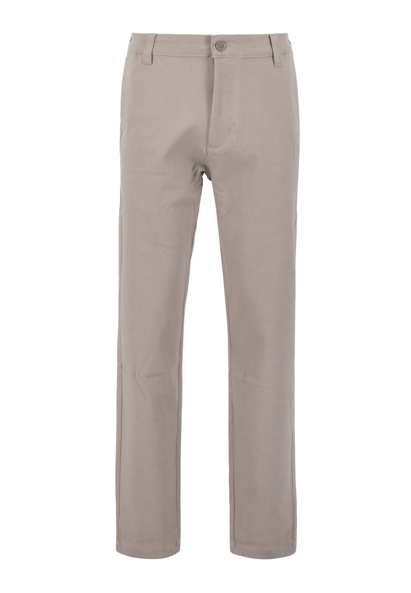 Beige Baumwollhosen mit geradem Schnitt, vorn mit Knopfverschluss und Seitentaschen. Glatte Textur und taillierte Passform.