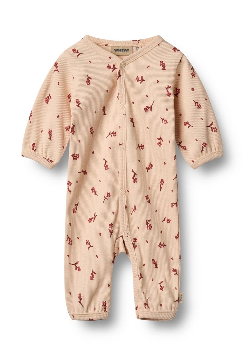 Helles Pfirsichfarbenes, geripptes Baby-Body mit kurzen Ärmeln, verziert mit einem roten Blumenmuster, mit vorderem Knopfverschluss und elastischen Bündchen an den Knöcheln.