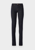Dunkelblaue Denim-Jeans mit slim fit, einem hohen Bund, fünf Taschen und orangefarbenen Nähten an den Säumen.