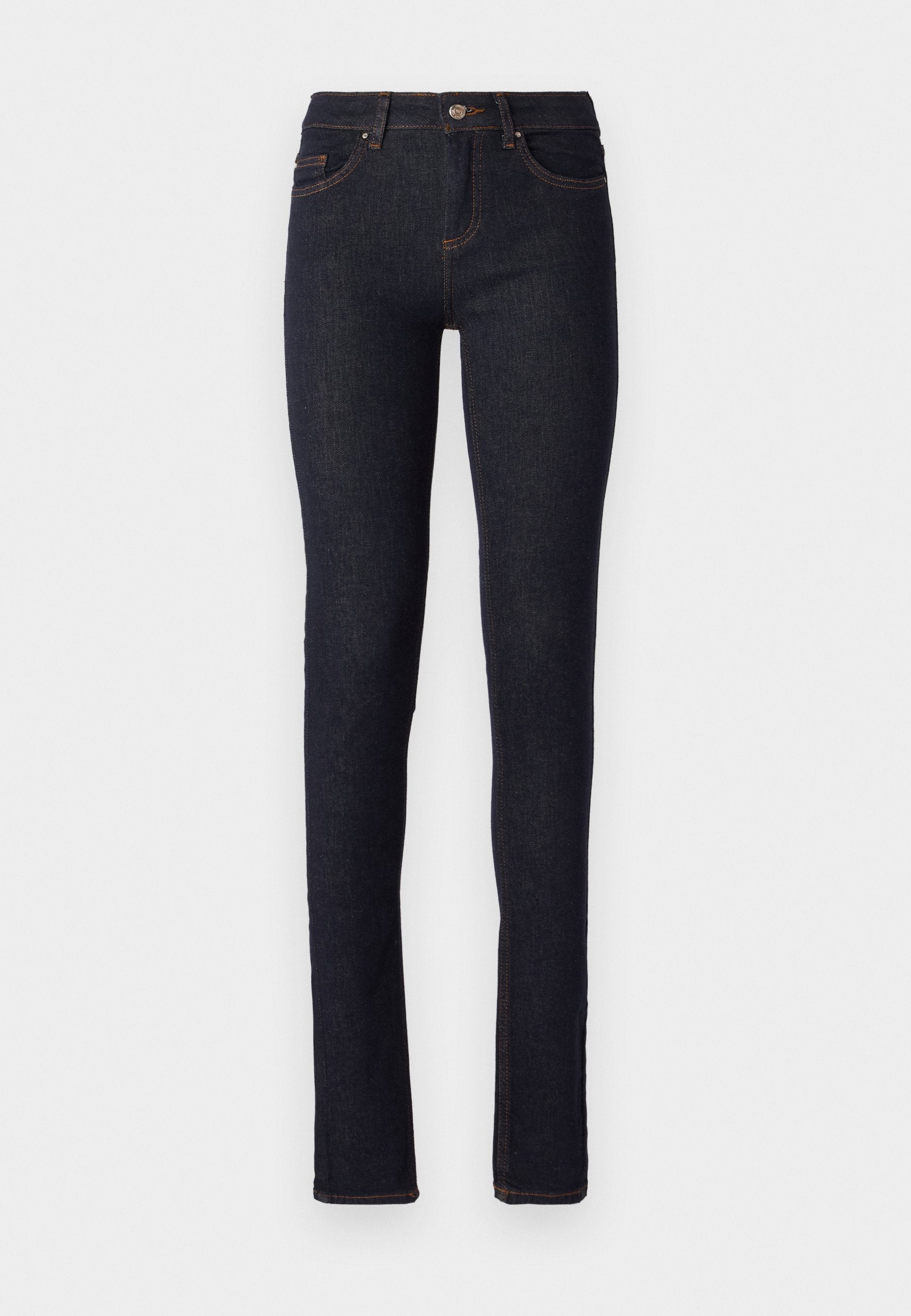 Dunkelblaue Denim-Jeans mit slim fit, einem hohen Bund, fünf Taschen und orangefarbenen Nähten an den Säumen.
