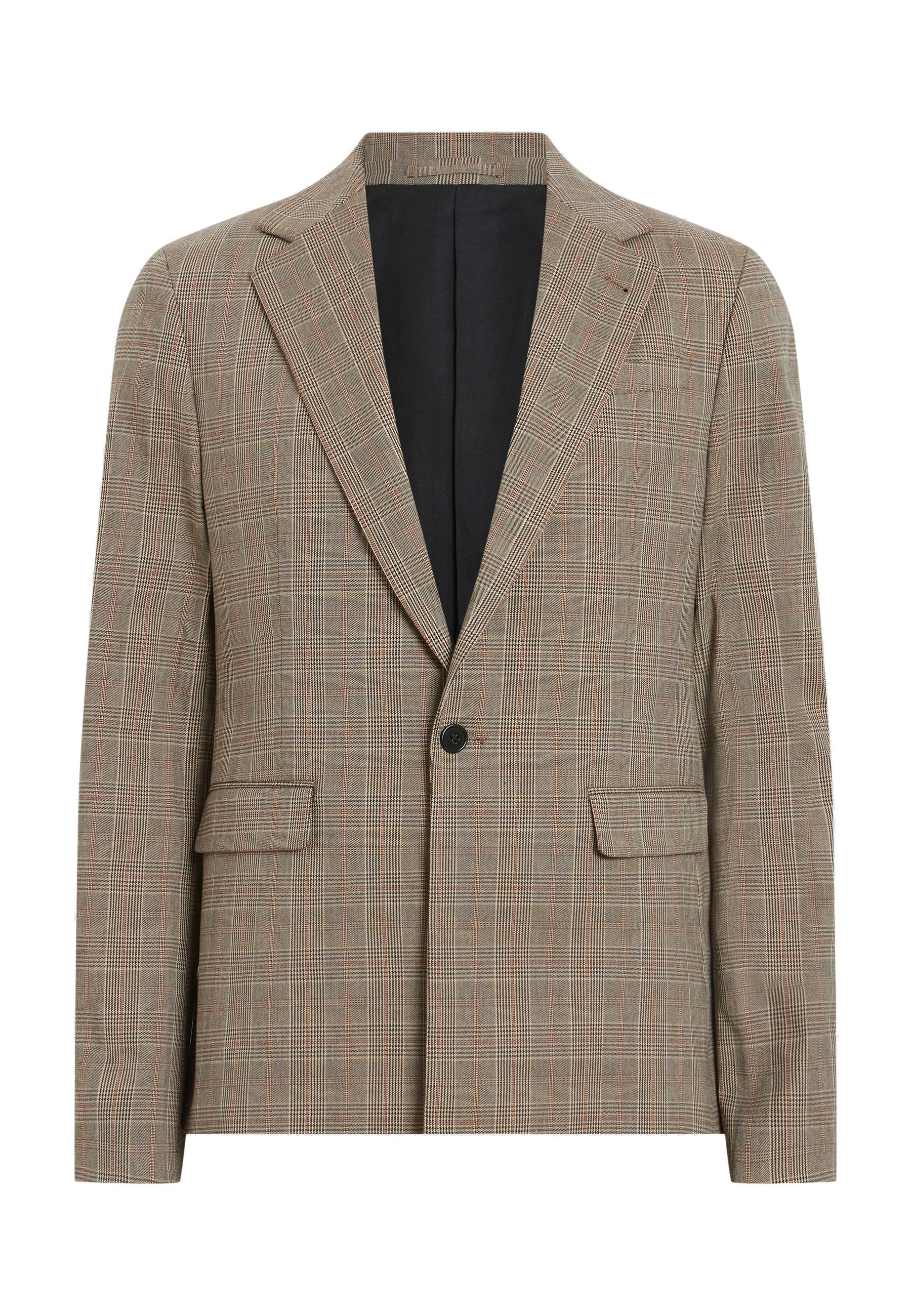 Brauner kariert Blazer mit einem einzelnen Knopf, aufgesetzten Revers und zwei Vordertaschen. Hat einen strukturierten Stoff und kontrastierendes schwarzes Futter.