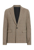 Brauner kariert Blazer mit einem einzelnen Knopf, aufgesetzten Revers und zwei Vordertaschen. Hat einen strukturierten Stoff und kontrastierendes schwarzes Futter.