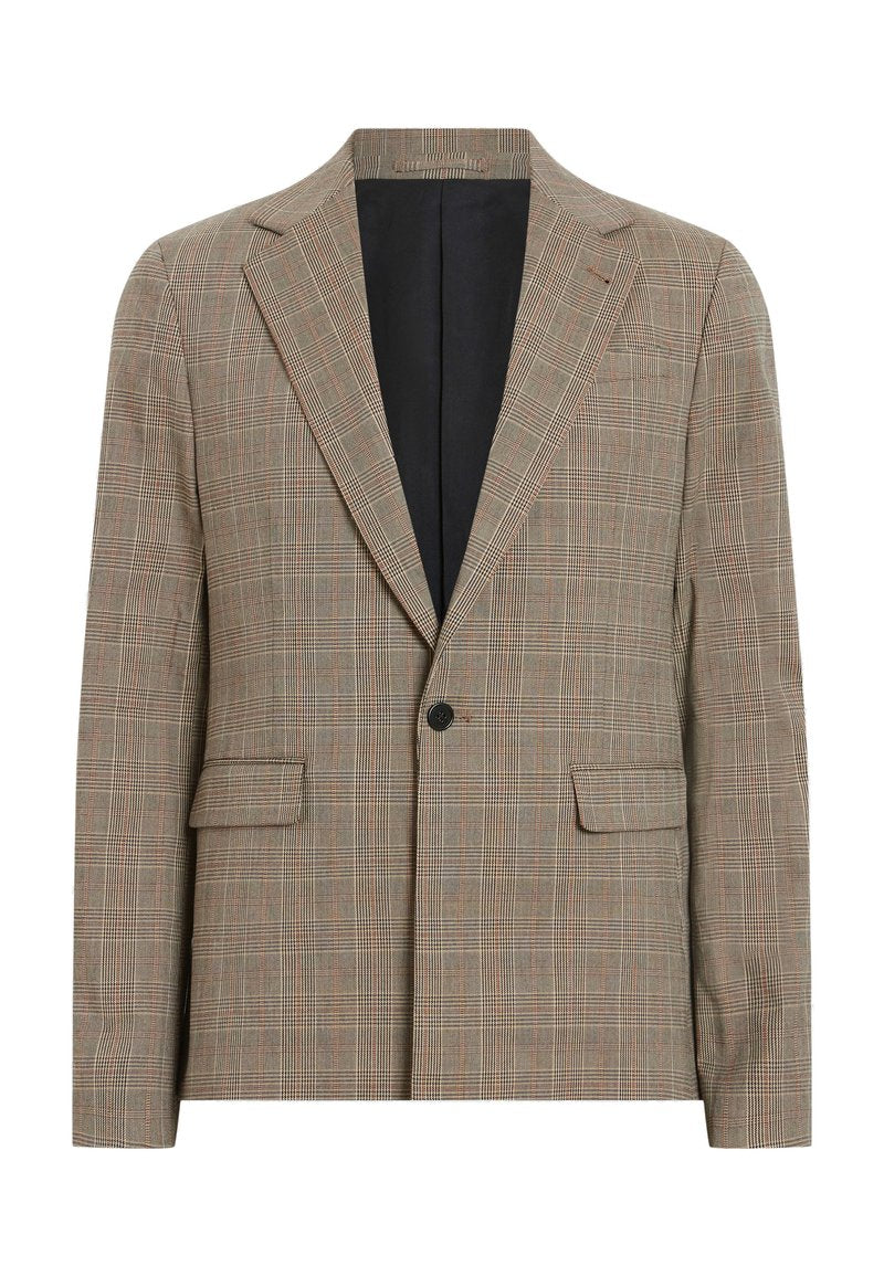 Brauner kariert Blazer mit einem einzelnen Knopf, aufgesetzten Revers und zwei Vordertaschen. Hat einen strukturierten Stoff und kontrastierendes schwarzes Futter.