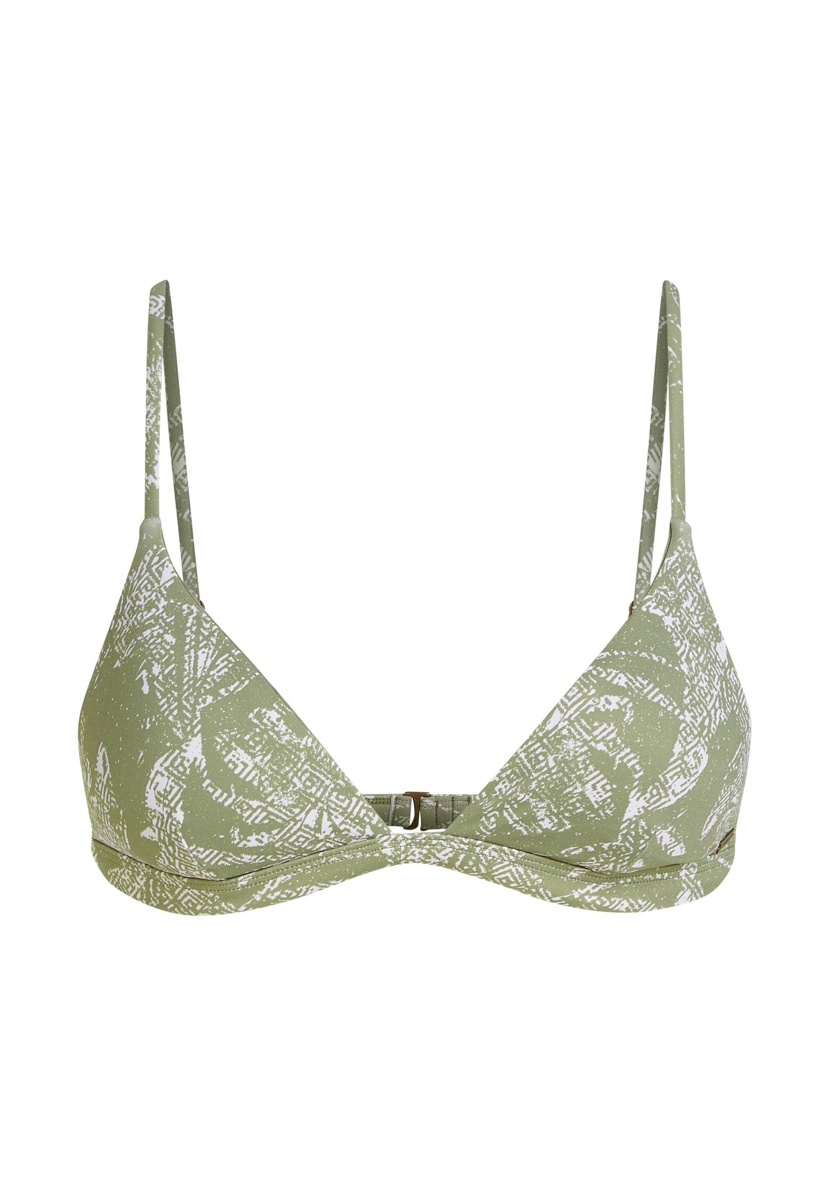 Grüner dreieckiger Bikini-Oberteil mit weißem geometrischem Muster, dünnen verstellbaren Trägern und einem Verschluss auf der Rückseite. Weicher Stoff.
