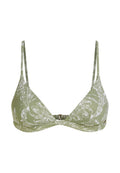 Grüner dreieckiger Bikini-Oberteil mit weißem geometrischem Muster, dünnen verstellbaren Trägern und einem Verschluss auf der Rückseite. Weicher Stoff.