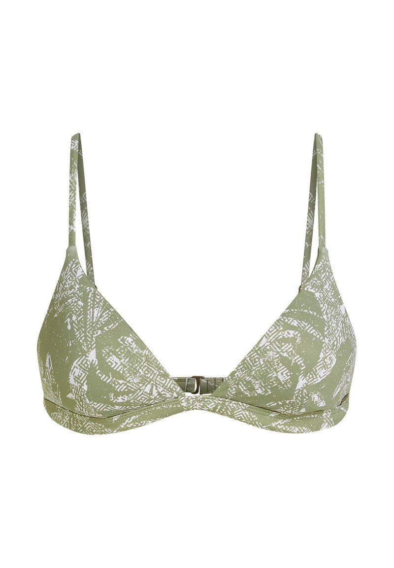 Grüner dreieckiger Bikini-Oberteil mit weißem geometrischem Muster, dünnen verstellbaren Trägern und einem Verschluss auf der Rückseite. Weicher Stoff.