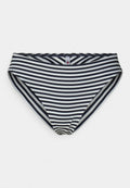 Gestreifte Bikinihose in Marineblau und Weiß. Verfügt über einen hoch geschnittenen Beinausschnitt und einen dekorativen Bund. Hergestellt aus weichem, dehnbarem Stoff.