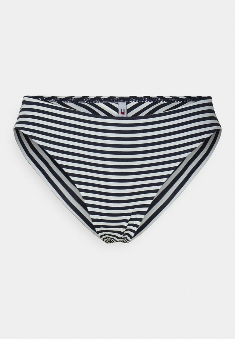 Gestreifte Bikinihose in Marineblau und Weiß. Verfügt über einen hoch geschnittenen Beinausschnitt und einen dekorativen Bund. Hergestellt aus weichem, dehnbarem Stoff.