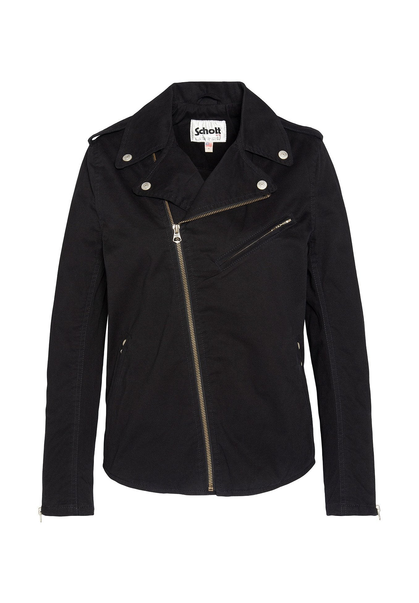Schwarze Motorradjacket aus Stoff mit matter Oberfläche. Verfügt über einen asymmetrischen Reißverschluss, Druckknopfkragen und Reißverschlusstaschen. Mit silbernen Hardware-Akzenten.