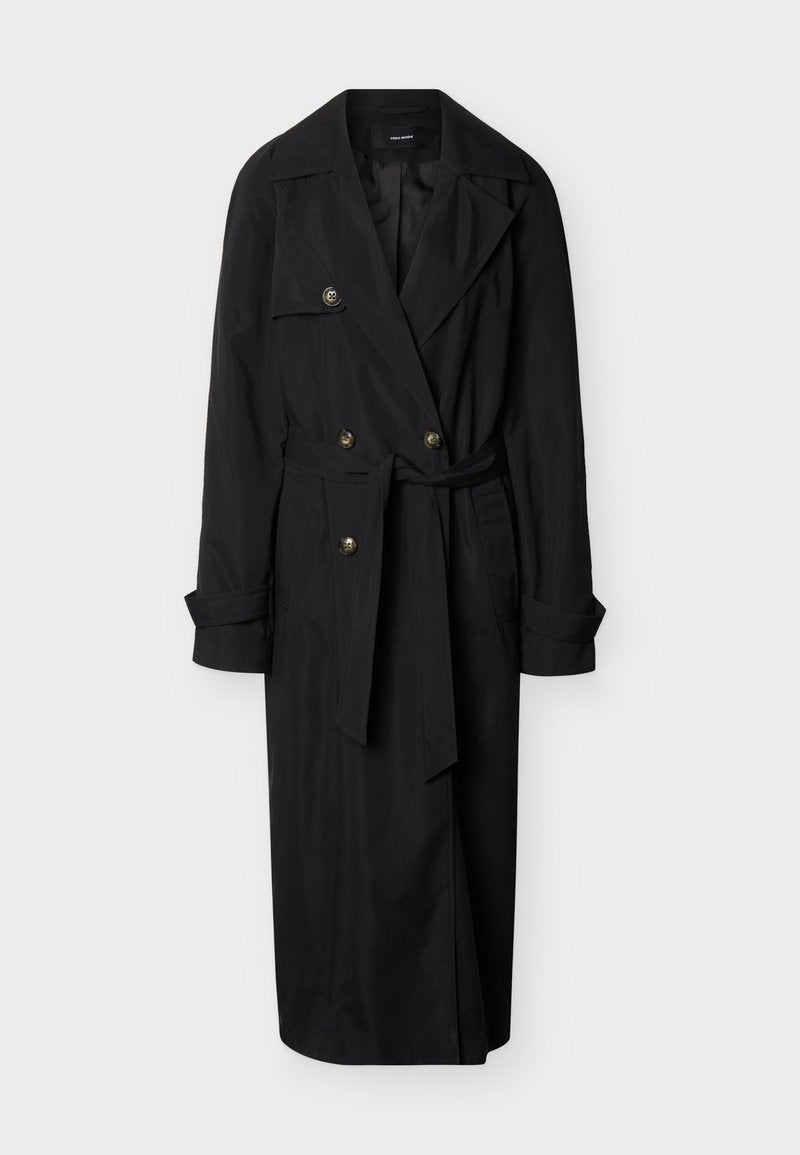 Schwarzer langer Trenchcoat mit breiten Revers, doppelreihigen Knöpfen, tailliertem Gürtel und umgeschlagenen Ärmeln vor weißem Hintergrund.