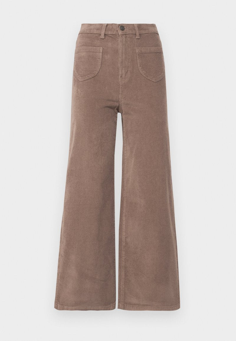 Braune Baumwollcord weit geschnittene Hose mit hoher Taille, ausgestattet mit einem Knopfverschluss, zwei Gesäßtaschen und vertikaler Rippstruktur.