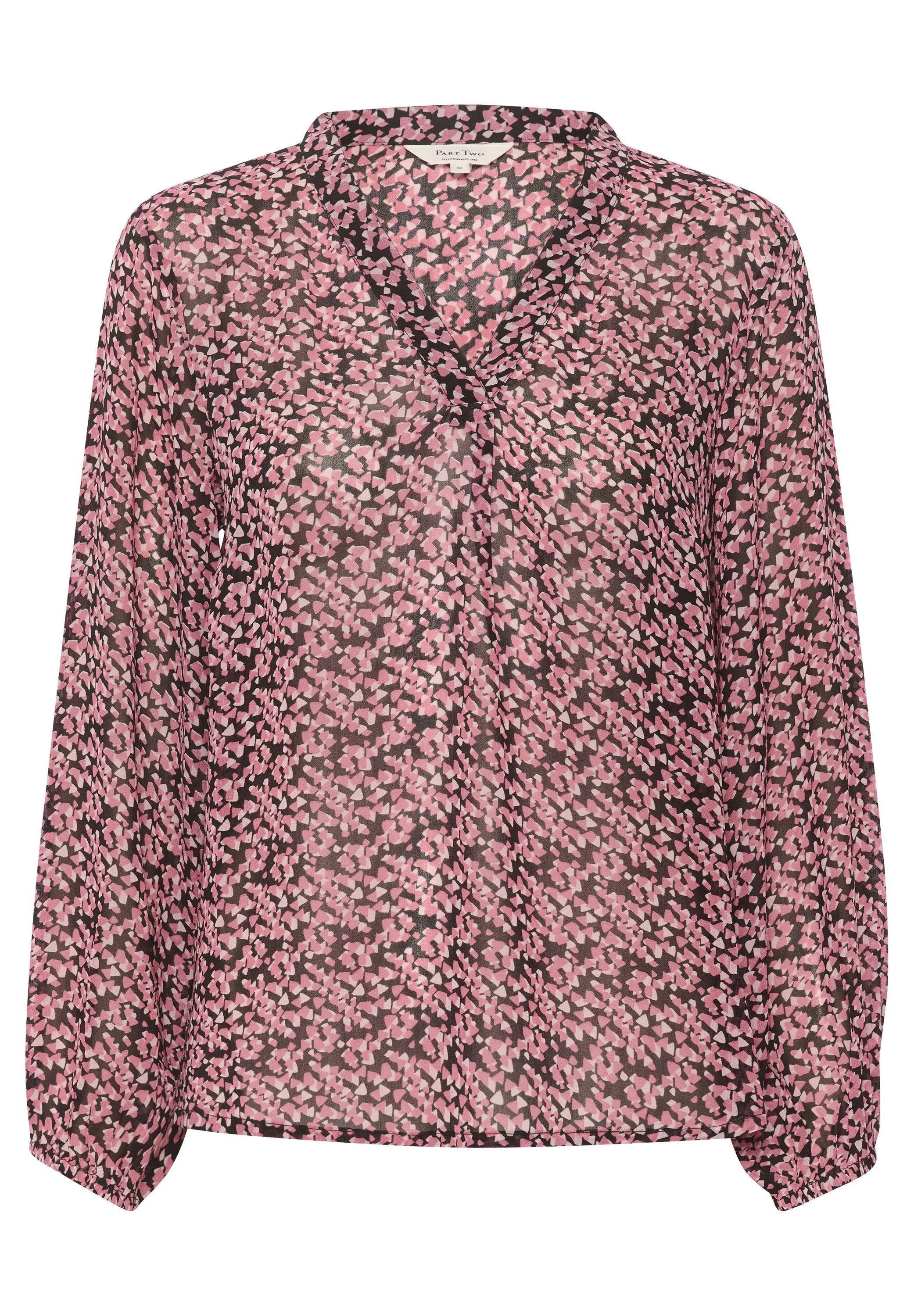 Durchsichtige schwarze Bluse mit floralem Muster in verschiedenen Rosatönen. Mit V-Ausschnitt, langen Ärmeln und entspannter Passform.