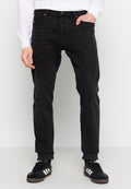 Schwarze Jeans mit geradem Schnitt, aus Denim gefertigt. Sie haben eine ausgewaschene Optik, ein Fünf-Taschen-Design und dezente Markenkennzeichnung auf der Rückseite.