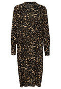 Schwarz-beige Tierprint-Kleid mit langen Ärmeln, einem Kragen und einer taillierten Bindung. Hergestellt aus strukturiertem, leichtem Stoff.