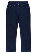 Dunkelblaue Denim-Jeans mit geradem Schnitt, Fünf-Taschen-Design und sichtbaren Nähten. Mit einem Reißverschluss sowie einem Bund mit Gürtelschlaufen.
