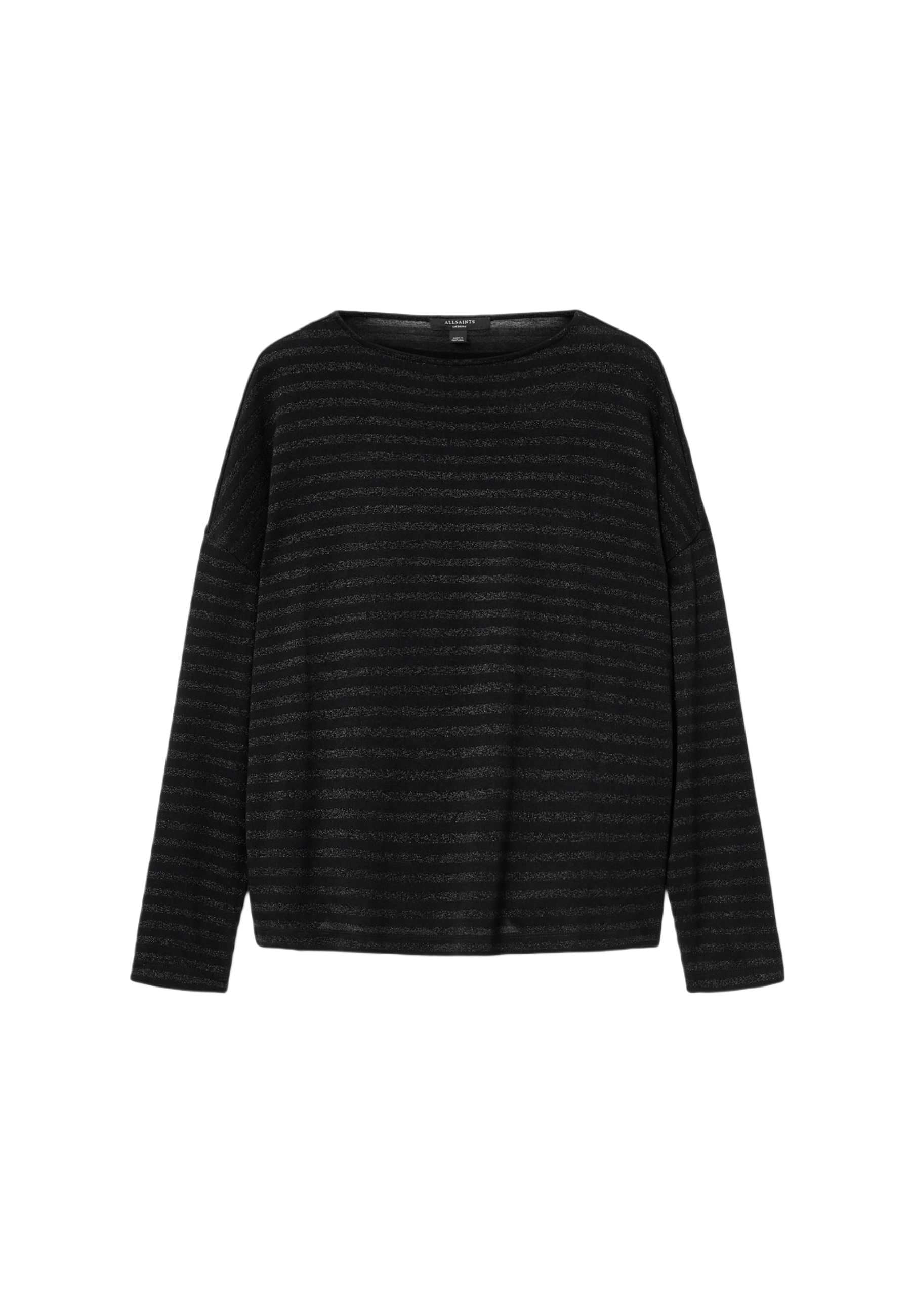 Schwarzer langärmeliger Pullover mit rundem Ausschnitt, horizontalem Streifenmuster und lockerer Passform. Hergestellt aus einem weichen, strukturierten Stoff.