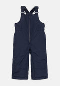 Navyblaue isolierte Schneehose mit verstellbaren Schultergurten und einem Frontreißverschluss für Kinder.