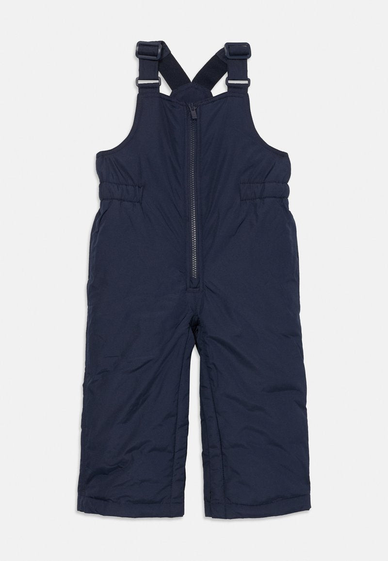 Navyblaue isolierte Schneehose mit verstellbaren Schultergurten und einem Frontreißverschluss für Kinder.