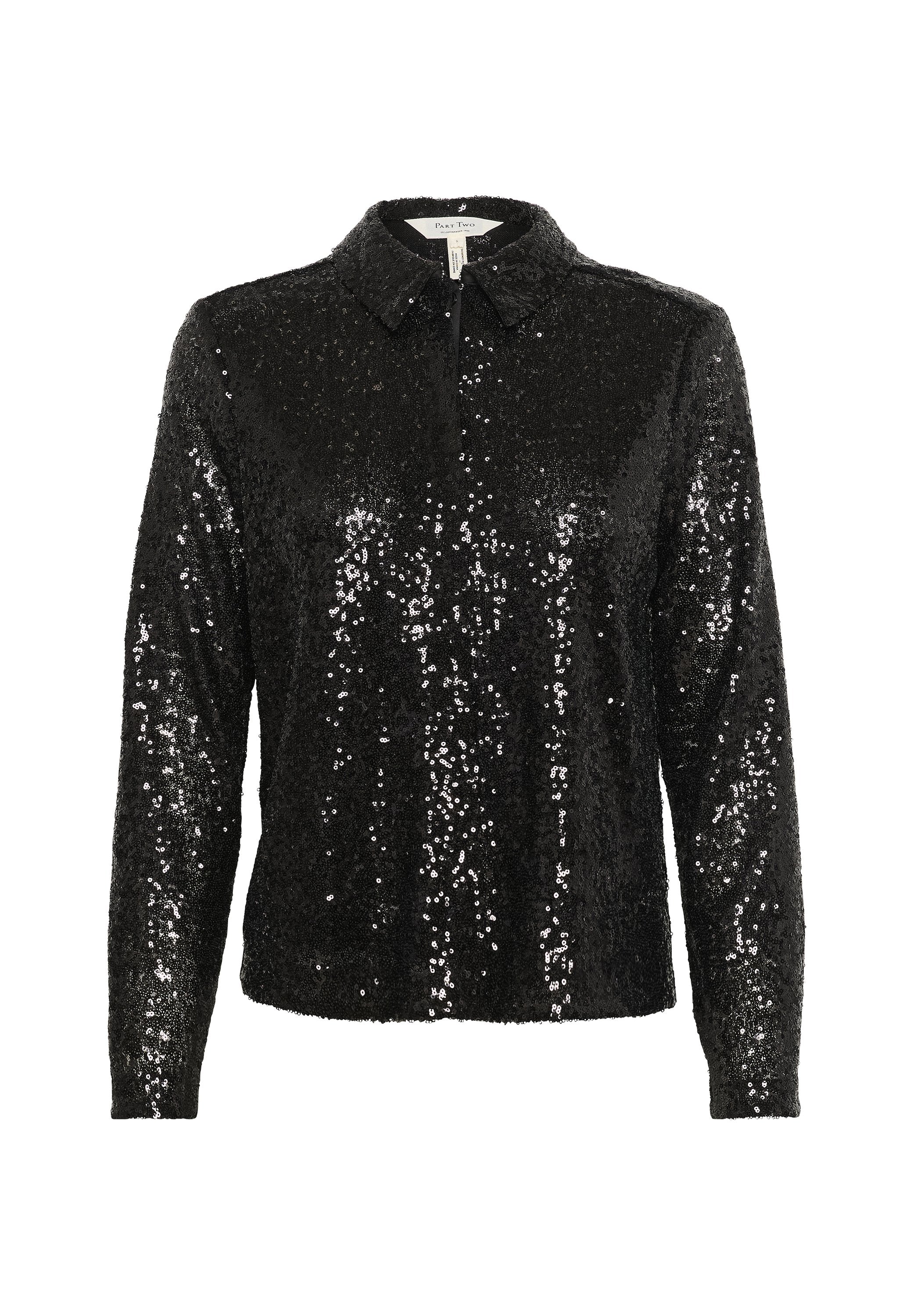 Schwarzes Oberteil mit langen Ärmeln und Kragen, bedeckt mit glänzenden Pailletten. Verfügt über einen Reißverschluss und eine strukturierte Oberfläche.