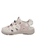 Leichte beige Outdoorschuhe mit Mesh-Einsätzen, pinken Akzenten, elastischen Schnürsenkeln und einer gepolsterten Sohle. Verfügt über einen Klettverschlussriemen für einen sicheren Sitz.