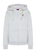 Hellgrauer Kapuzenpullover mit Reißverschluss, limettengrünen Kordeln, Fronttaschen und einer kleinen rosa bestickten Figur auf der linken Brust.