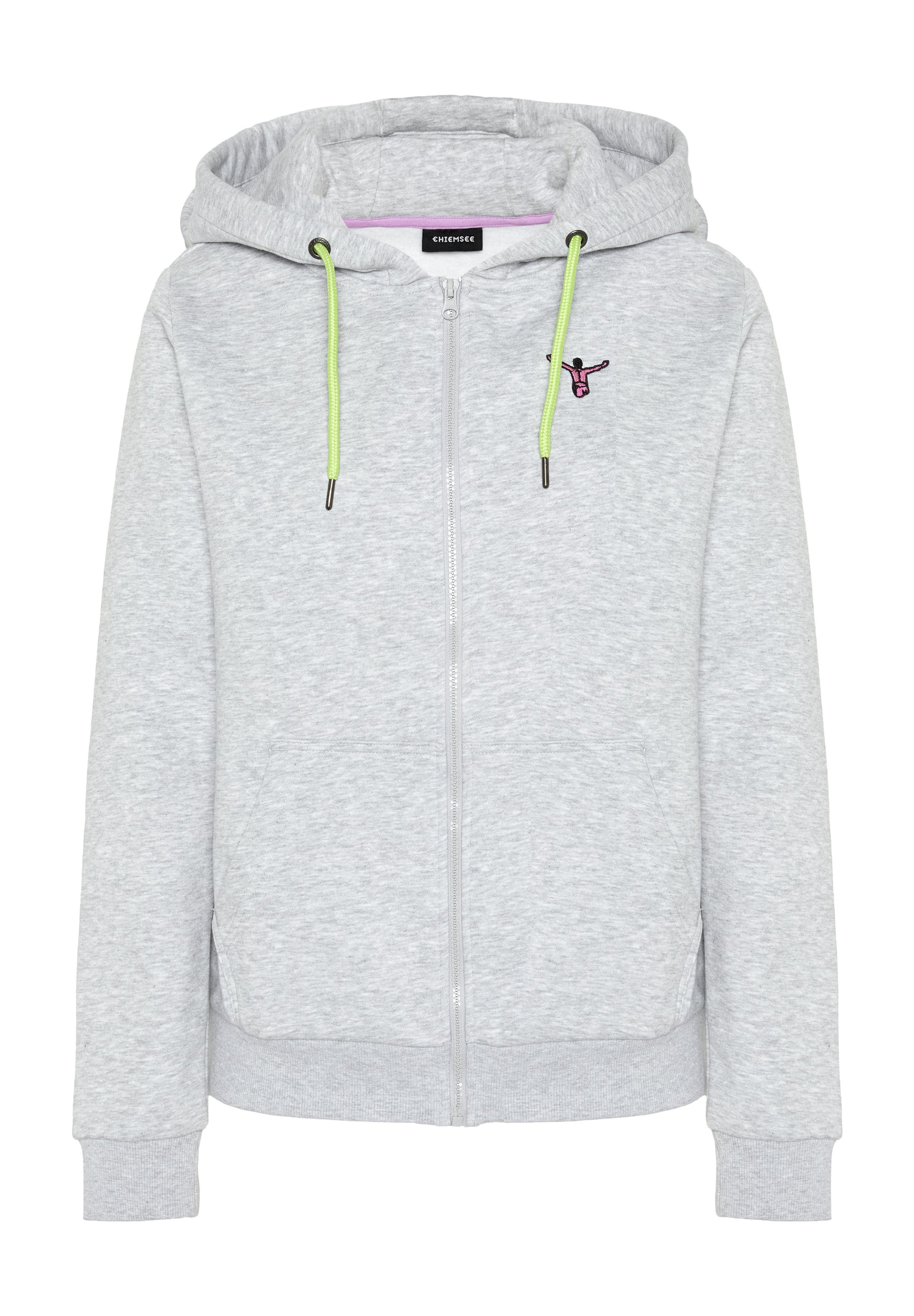 Hellgrauer Kapuzenpullover mit Reißverschluss, limettengrünen Kordeln, Fronttaschen und einer kleinen rosa bestickten Figur auf der linken Brust.
