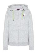 Hellgrauer Kapuzenpullover mit Reißverschluss, limettengrünen Kordeln, Fronttaschen und einer kleinen rosa bestickten Figur auf der linken Brust.