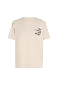 Cremfarbendes Baumwoll-T-Shirt mit lockerer Passform, rundem Halsauschnitt und schwarzem Aufdruck auf der linken Brust mit dem Schriftzug „The Future Surf Society“. 