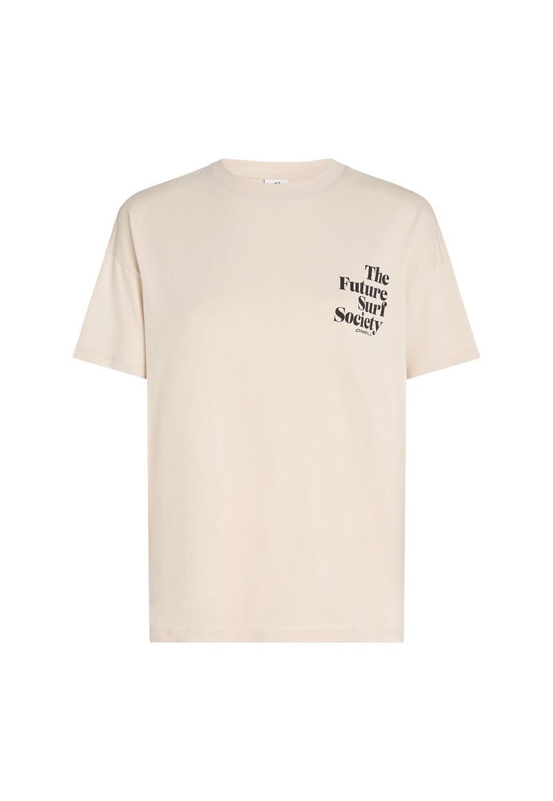 Cremfarbendes Baumwoll-T-Shirt mit lockerer Passform, rundem Halsauschnitt und schwarzem Aufdruck auf der linken Brust mit dem Schriftzug „The Future Surf Society“. 