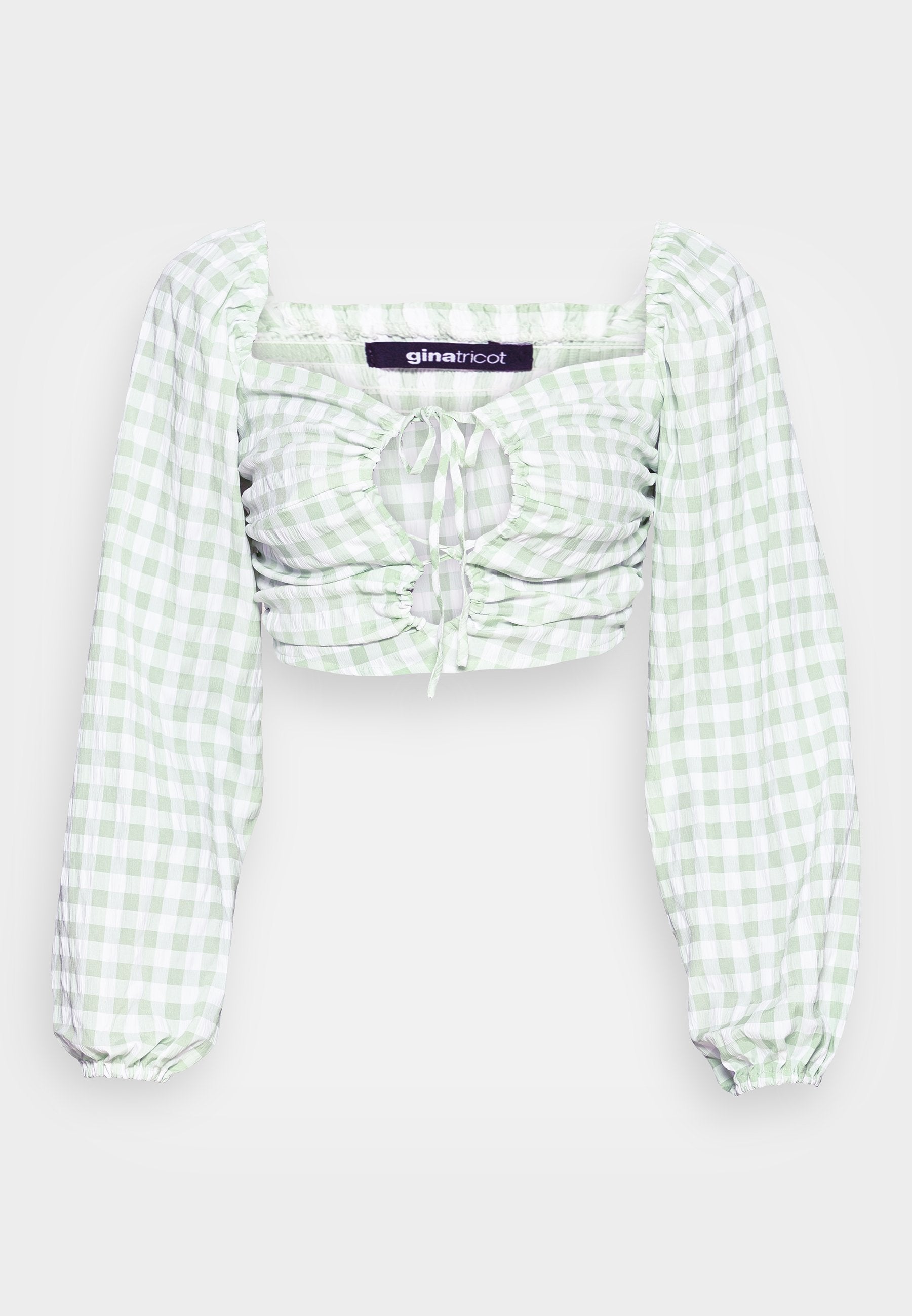 Grünes und weißes Karo-CROP-Top mit langen Puffärmel, geraffter Vorderseite und Zugbanddetails. Der Stoff ist leicht und strukturiert.