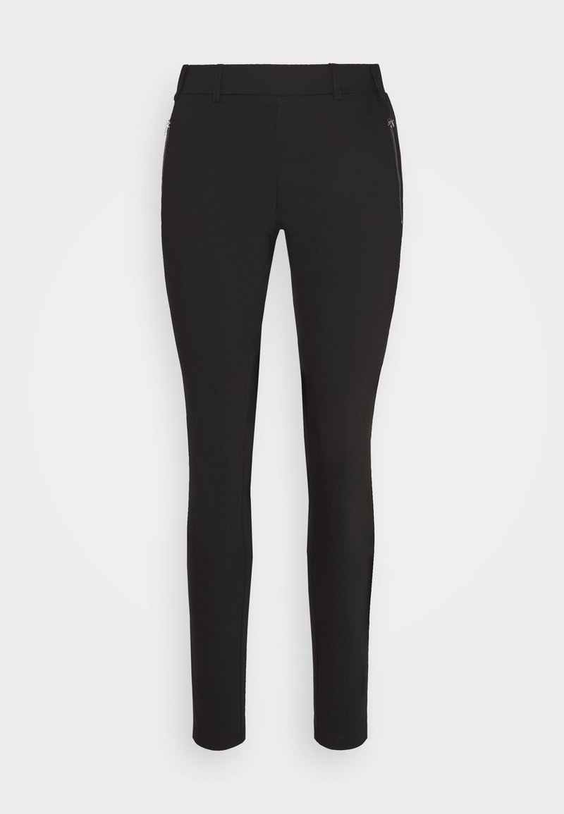 Schwarze, taillierte Hosen mit schmaler Passform, die eine glatte Textur, Gürtelschlaufen und seitliche Reißverschlusstaschen für zusätzliche Details aufweisen.
