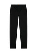 Schwarze, schmal geschnittene Hose aus Baumwollmischung mit glatter Textur. Sie verfügt über einen vorderen Knopfverschluss und zwei seitliche Taschen.