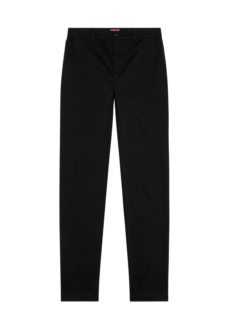 Schwarze, schmal geschnittene Hose aus Baumwollmischung mit glatter Textur. Sie verfügt über einen vorderen Knopfverschluss und zwei seitliche Taschen.