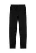 Schwarze, schmal geschnittene Hose aus Baumwollmischung mit glatter Textur. Sie verfügt über einen vorderen Knopfverschluss und zwei seitliche Taschen.
