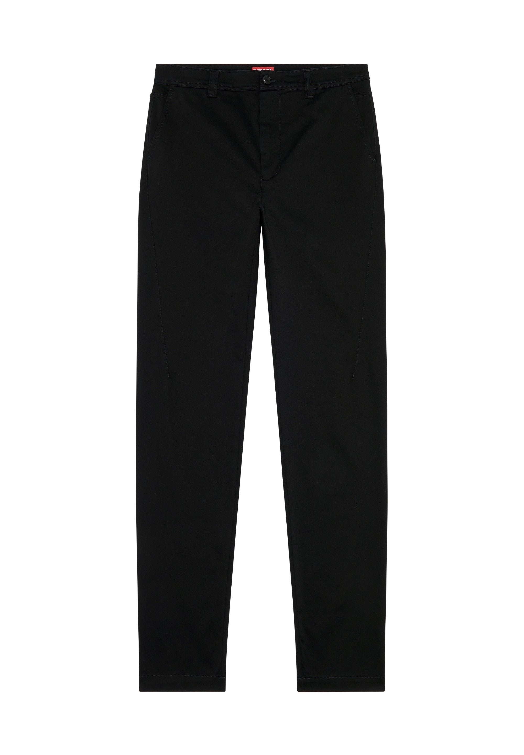 Schwarze, schmal geschnittene Hose aus Baumwollmischung mit glatter Textur. Sie verfügt über einen vorderen Knopfverschluss und zwei seitliche Taschen.