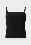 Schwarzes, geripptes Camisolen-Oberteil mit dünnen Trägern, aus einem elastischen Stoff gefertigt. Es hat eine figurbetonte Silhouette und eine glatte Textur.